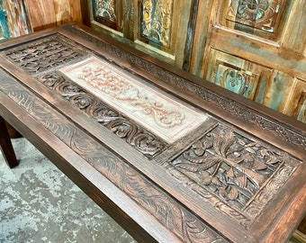 Vintage Kitchen Table, Console, Desk, Stone Carved Wood Office Table, Rustic Stone Table, Unique Haveli Carved Stone Jali Home Office Table