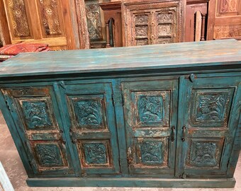 Vintage Rustic Blue Sideboard Carved Wood Console Buffet Farmhouse Storage Cabinet Media Chest