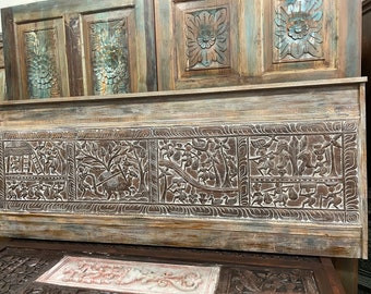 VINTAGE Tribal Headboard, Reclaimed woods Indian Carving, Artistic Handcarved Wall Panel, India Art