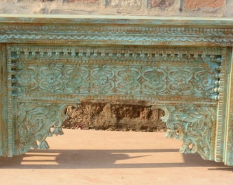 Rustic Credenza Blue Arch Console Table Carved Distressed Reclaimed Wood Hall Table, Sofa Table, Media Console Table Farmhouse Decor