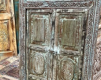 Antique Window, Blue Distressed Indian Jharokha, Wall Decor, Organic Natural Wooden Carved Window Architectural Decor