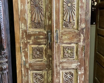 Rustic Armoire, Whitewash Carved Wardrobe Cabinet, Vintage Reclaimed Wood, Handcarved Tall Chest, Farmhouse Decor 78X37