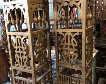 2 Rustic Decorative Carved Wood Tall Pedestals, Ornate Gilted table Stands, Tall End Tables, Unique Boho Home