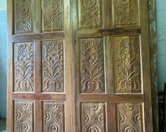 2 Antique Door Panels, Interior Doors, Artisan Carved Barndoor, Teak Wood Door Panels Pair, Rustic Farmhouse Doors, Architectural, 96