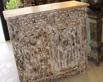 Vintage White CARVED Sideboard, Side Table, CONSOLE Accent Table, Hand Carved 2 Drawer Reclaimed Wood Bohemian Farmhouse Design