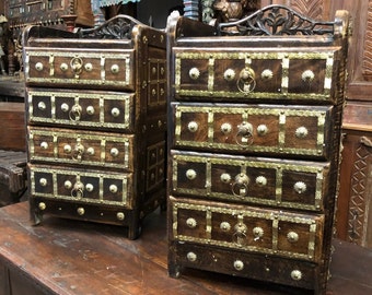 Rustic Vintage Low Side Tables, Accent Tables,4 Drawers CHEST Boho Indi BRASS Stars Hand Carved Pair Bedside Table