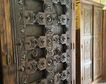 Antique Old Door Cabinet, Stunning Doors, Rustic Teal Patina, Wine CELLAR, Wardrobe Armoire, Farmhouse Eclectic Country Design