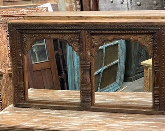 Vintage Arch Mirror, Hand Carved Jharokha Wall Mirror, Earthy Natural Reclaimed Wood Carved Window Rustic Decor