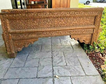 Antique Carved Teak Architectural 18 Century Welcome Gate Header RUSTIC Wooden Arch Hand-carved Bench