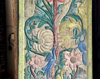 Kalpavriksha Carved Door Panel, Indian Door, Tree of Life Barn Door, Organic Sliding Door, Colorful Reclaimed Wood, Wall Art, 84x40