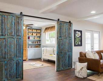Indian Reclaimed Wood Vintage Blue Barn Door, Artisan Carved Hand Carved Teak Wood Panel, Rustic Architectural Farmhouse Doors, 96x36