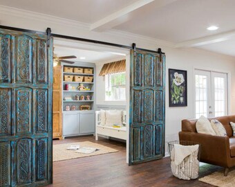 Pair Indian Reclaimed Wood Vintage Blue Barn Door, Artisan Carved Hand Carved Teak Wood Panel, Rustic Architectural Farmhouse Doors, 96x36