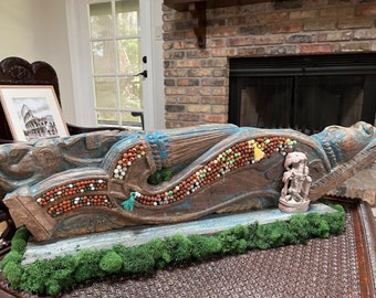 Serenity Love Garden Krishna Carved Antique Elements, Antique Corbel Bracket Decorated with Mala Beads Artistic Table decor