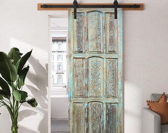 Hand Carved Tall Door, Vintage Wood Bluewash Carved Door, Sliding Barn Door, Custom, Bedroom Studio Entrance Door, Pantry Door, Unique 96X36