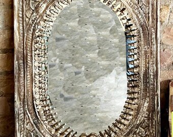 Rustic Indian Jharokha Mirror, White Wash Carved Wall Mirror, Reclaimed Wood Vintage Wood Floor Mirror, Farmhouse Design Mirror,