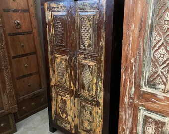 Handmade Vintage Antique Teak Wood Cabinet, Rustic Hall Cabinet, Painted Carved Storage Cabinet, Unique Eclectic Armoire