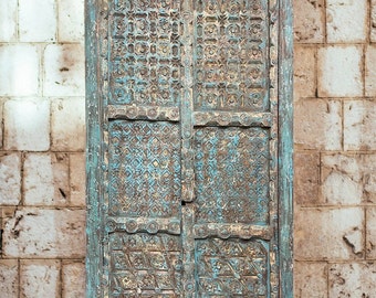 Antique Indian Carved Barn Door Panel Rustic Blue Carved Teak Doors Vintage French Country Farmhouse Doors, Bedroom Veranda Doors, 91x43