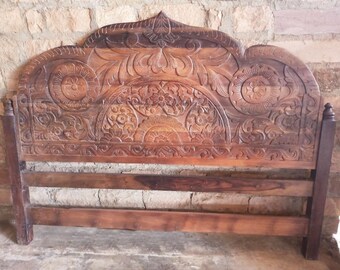 Carved Wood King Headboard, Farmhouse Rustic Vintage Bedroom Furniture, Hand Carved Ornate Design Headboard, Unique Decor 80