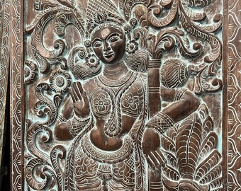 Vintage Saraswati Playing Veena with Swan, Reclaimed Wood Indian Wall Carvings, Barn Door Panel, Indian Art, HINDU Goddess of Vedas