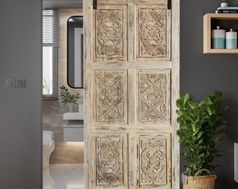 Artistic Carved Sliding Barn Door, Natural Reclaimed Wood Bedroom Custom Doors, Maximalist, Eclectic Unique Resort, Boutique Style 96x48