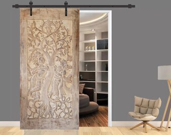 Vintage Indian Wall Panel, Radha Krishna Whitewashed Sliding Door, Studio, Resort, Reclaimed Wood, Custom Carved Barn Door, 83x36