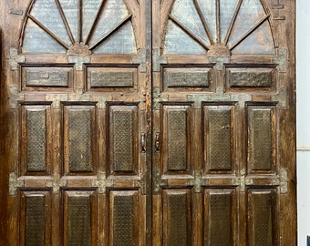 Antique Brass Cladded Teak Fortress Entry Doors, Rustic Farmhouse Door, Vintage Indian Door Headboard, Old World Haveli Garden Doors 118