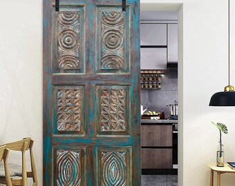 Vintage Carved Barn Door, Teal Blue Door, Interior Doors, Indian Nature Carved Organic Door, Hinged Door, Pocket Door, 80x36