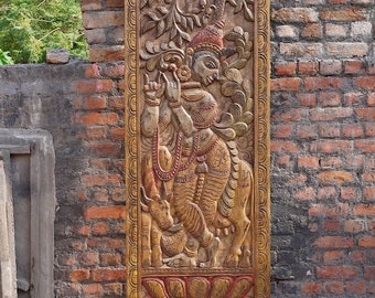 Vintage Carved Fluting Krishna with Cow, Barndoor, Indian Wall Sculpture, Artistic Carved holistic Decor, Custom Barn Door
