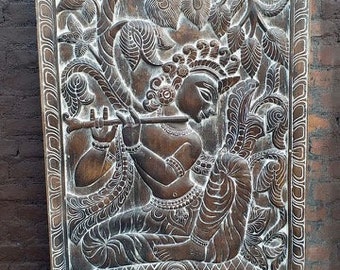 Vintage Fluting KRISHNA Door Panel, Wall Sculpture, Barn Door, Wall Art Yoga Room Door, Indian Door Panel