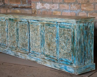 Rustic, Reclaimed Wood, Handmade Long wooden Sideboard, Blue Washed 6 Door Credenza Chest, Hand Carved Eclectic Old World Cabinet