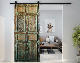 Sliding Vintage Barn Door, Rustic Green Reclaimed Wood Door Panel, Bedroom Doors, Rustic Barndoor, Unique Eclectic