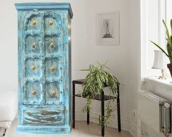 Antique Wooden Armoire, Antique Style Armoire for Boho Home, Vintage Inspired Carved Storage Armoire in Rustic Blue Colour