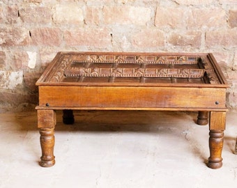 Antique Door Coffee Table, Haveli Doors Rustic Brown Reclaimed Wood Chai Tables, Patio Accent Table, Statement Unique Eclectic