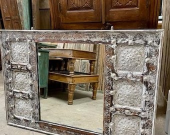 Whitewash Brass Medallions Mirror, Rustic Vintage Inspired Carved Artistic Wall Mirror