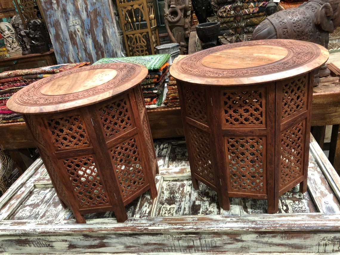 Lovely Pair Side Round Tables Lattice Carved Wood Accent Table Etsy