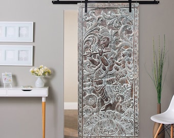 Vintage Krishna Barn Door, Hand-Carved Sliding Door, Indian Wall Sculpture, Decorative Barndoors, Unique Eclectic Decor, 84x36