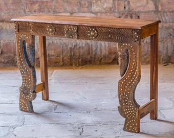 Indian Console Table made from Antique Indian Architectural Elements, Peacock Carved Entryway Table, Accent Reclaimed Rustic Furniture 49