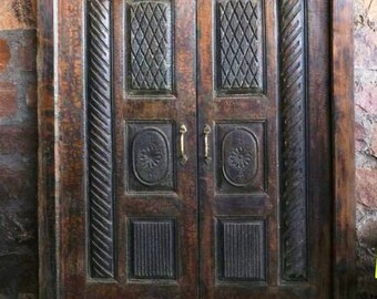 Shekhawati Garden Doors,Haveli Antique Indian Doors With Frame, Rustic Dark Teak Farmhouse Doors, Headboard, Unique Eclectic