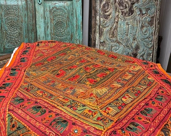 Boho Orange Tapestry, India Elephant Embroidered Bed Throw, Indian Sari Tapestry, Wall Hanging, Vintage Hippie Bohemian Decor