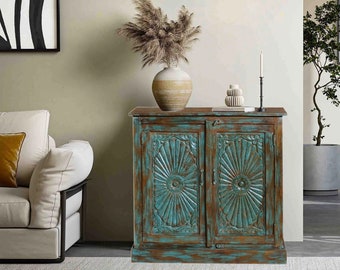 1900s Rustic Antique Door Repurposed Cabinet| Carved Spanish Colonial Credenza| Farmhouse Distressed Blue Chest| Eclectic Entry Table 38x37