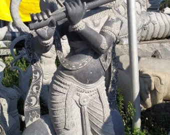 PRE ORDER-Natural Stone Fluting Krishna Standing Garden Statue, Handcarved Granite Stone Zen Outdoor Krishna Sculptures