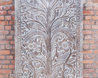 Vintage Barndoor, Door Panel, Hand Carved Wall Art, Beautiful Tree of Life Floral Carved Wall Sculpture, Sliding Doors Panel 84X40