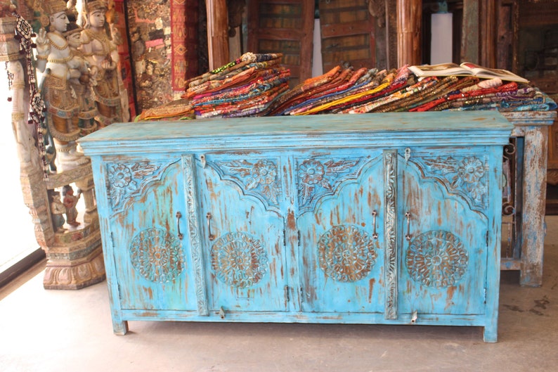 Lotus Media Console Blue Distressed Arched Door Sideboard Etsy