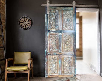 Vintage Indian Carved Gulmohar Door, Reclaimed Wood, Blue Hues Caved Rustic Barn Door, Ornate Carved Sliding Door, Boho Rustic Eclectic, 84