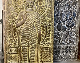 Shakyamuni Standing Buddha Abhaya Mudra Wall Art Hand Carved Wall Panels Wall Art Budha Relief Panel, Barn Door Sculpture 84X36