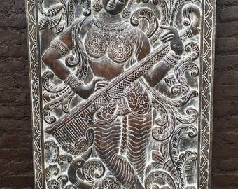 Vintage Saraswati Playing Veena Wood Carvings Barn Door Panel,Wall Sculpture,Wall Art HINDU Goddess of MUSIC 72x36
