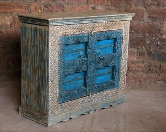 Rustic Distressed Blue Reclaimed Wood Chest Floral Hand Carved Solid Wood Sideboard Vanity Table Cabinet