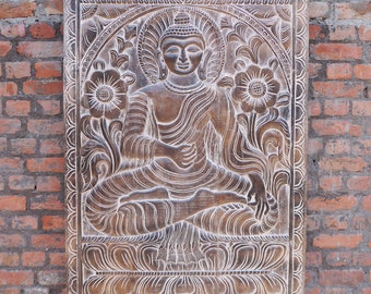 Vintage Budha Hand Carved Wall Decor, Barn Door Panel, Buddha Wall Art Panel, Budha Bhumisparsha Mudra Wall Art, Buddha Panel 84