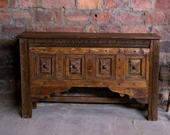 Accent Hall Table Console Table Beautiful Intricate Carving Sofa Table Vintage Distressed Solid Wooden RUSTIC FARMHOUSE