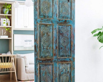 Rustic Farmhouse Vintage Sliding Doors, Blue Distressed Wood BARNDOORS "Twilight Stars" Carved Barn Doors, Headboard, Home Decor 80x36